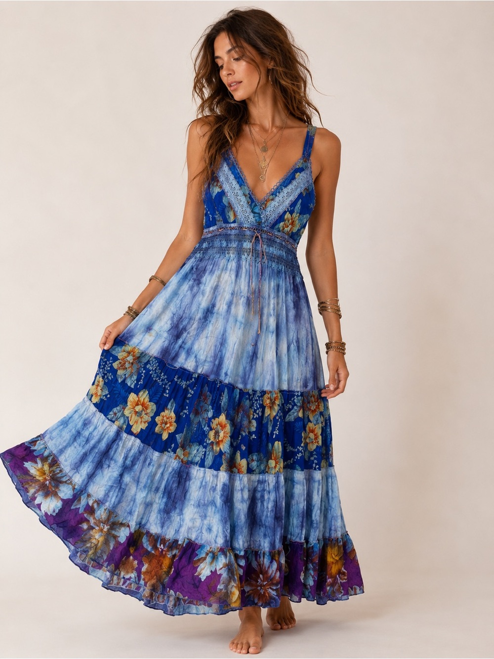 Boho Fairycore Floral Tiered Maxi Dress Crochet Smocked Goblincore Resort Beachy